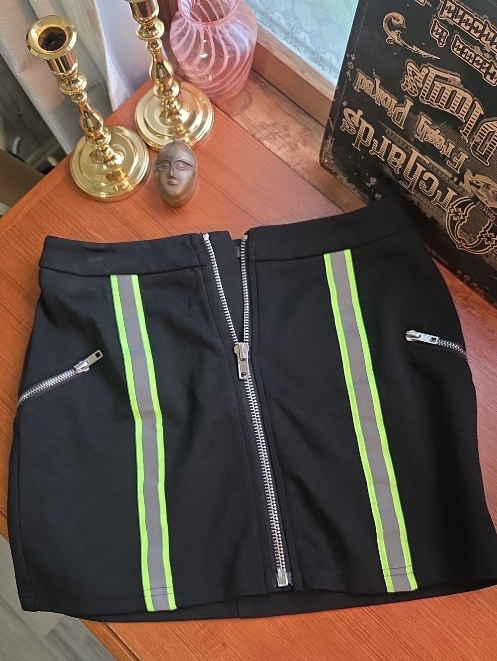 Millau Reflective Striped Mini Skirt, Black Mini Skirt with Neon Green Stripes